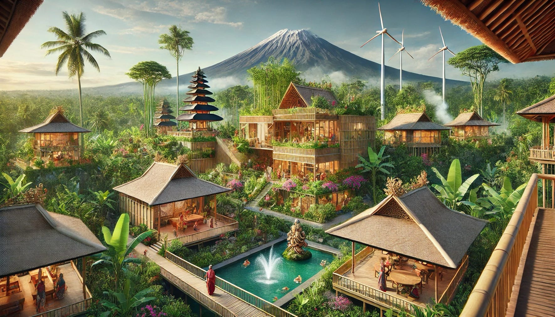 image of a lush, tropical Balinese landscape with Mount Agung towering in the background.